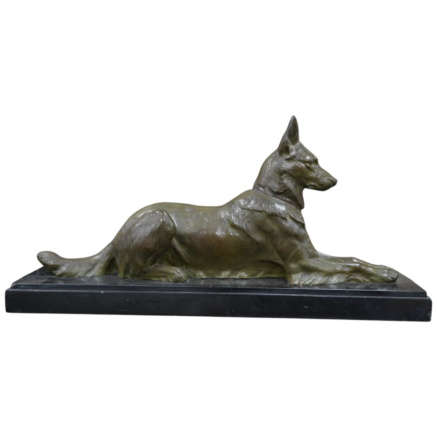 J.E. Masson - Bronze seated Alsatian dog on black marble stand, 70.5cm wide x 34.5cm high